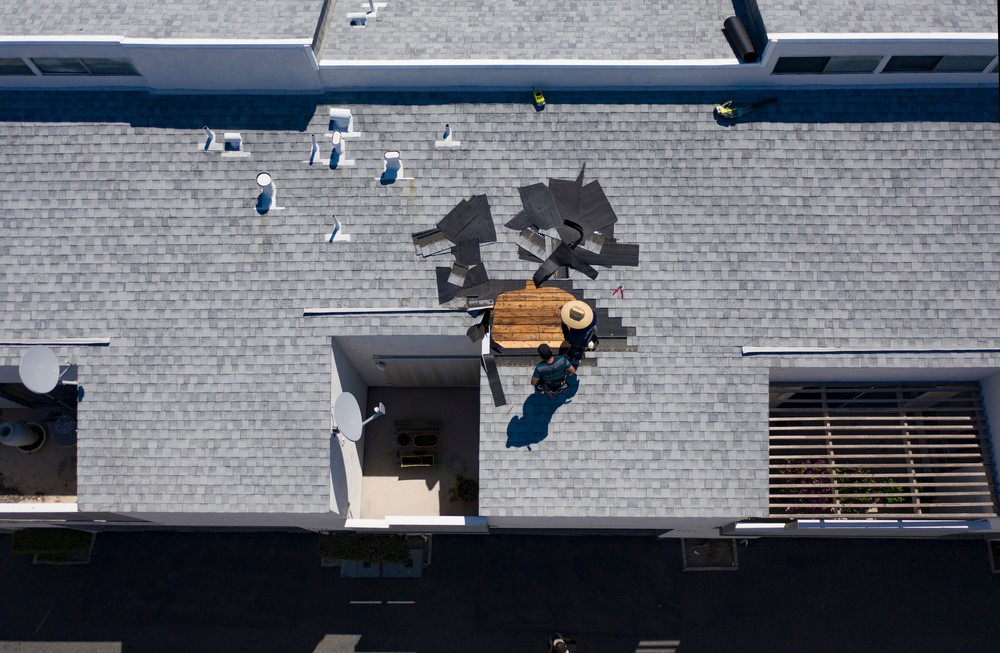 employees fixing patch of shingles on roof