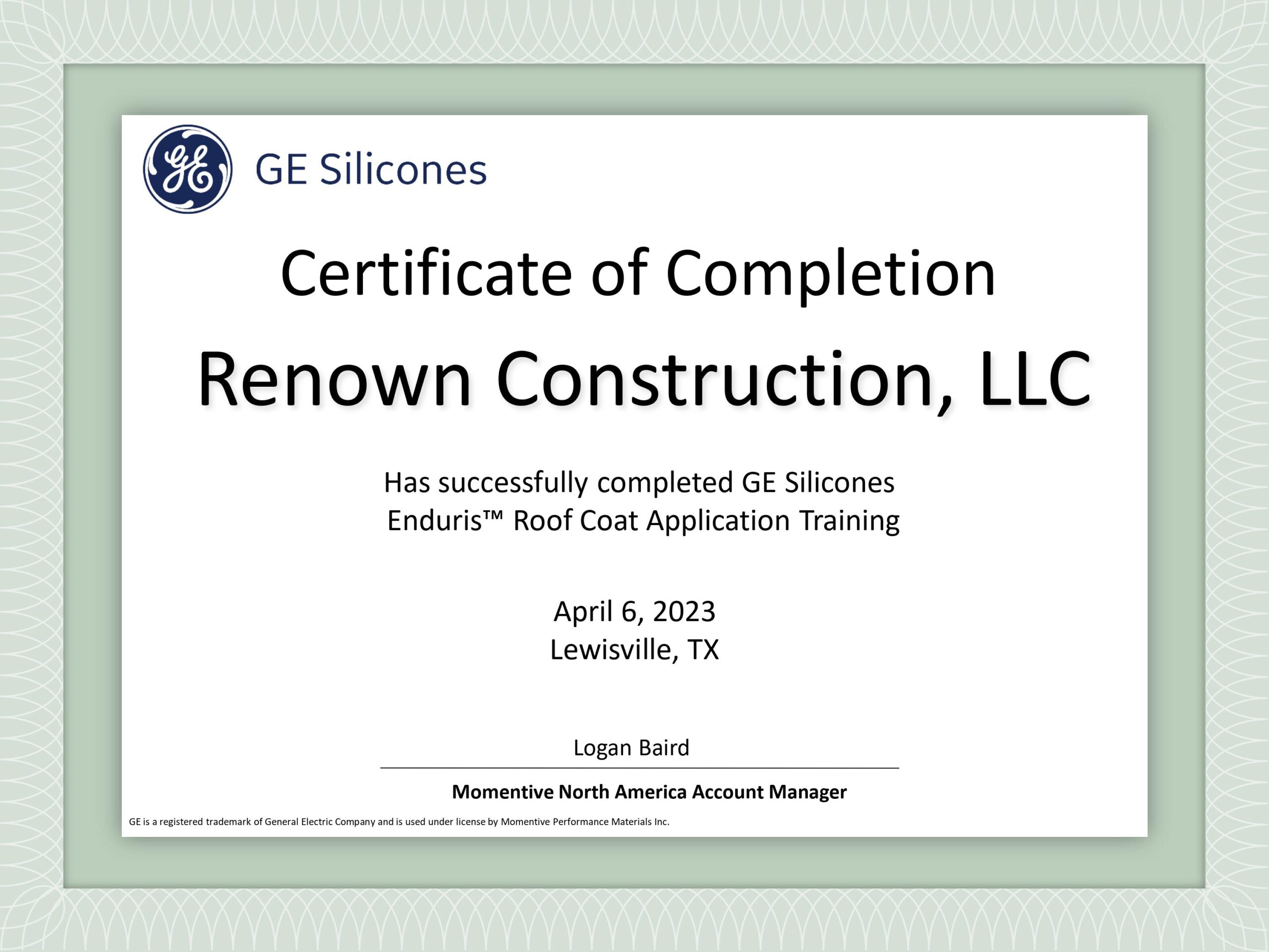 GE Silicones Enduris ™Roof Coat Application Training certificate of completion